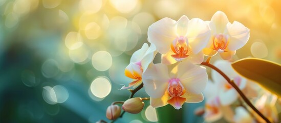 Beautiful white orchid with vibrant orange and yellow flowers in bloom on a sunny day