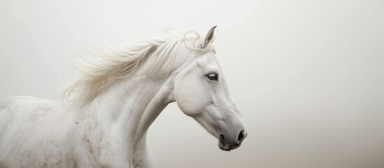 Obraz na płótnie Canvas Majestic white horse with flowing mane standing gracefully in beautiful countryside field