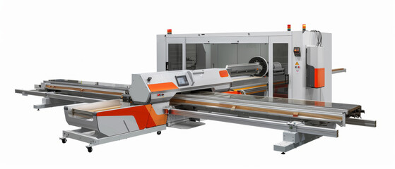 A state-of-the-art panel saw machine, showcasing a sleek design with orange and grey accents, ready to precision-cut large wood panels.