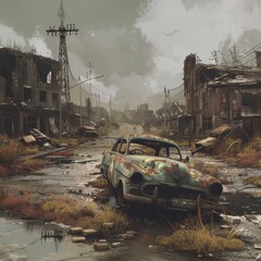 Artistic rendering of a post-apocalyptic urban landscape, featuring a decaying car and desolate buildings, evoking a sense of abandonment and decay. - obrazy, fototapety, plakaty