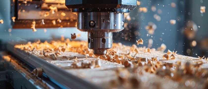 A CNC machine actively carves into a wooden surface, with flying wood shavings illustrating the intensity of the woodworking process. The scene captures both the precision and dynamism of carpentry.