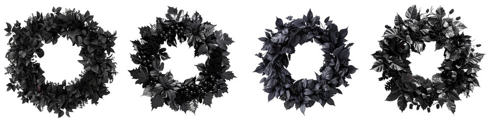 Monochromatic Black Holiday Wreaths Isolated on Transparent Background