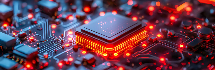 High-Tech Microchip on Red Glowing Computer Mother Board
