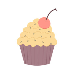 Festive muffin with cherry in flat style. Vector illustration of a cupcake with topping on a white background. Homemade baking.