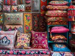 Dive into a room bursting with an array of vibrant, plush pillows in every hue imaginable, creating a cozy and artistic space.