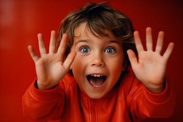 A young boy stands with his hands raised in the air, showcasing a gesture of excitement or joy. - obrazy, fototapety, plakaty