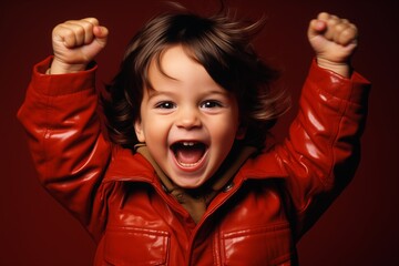 A young boy stands with his hands raised in the air, showcasing a gesture of excitement or joy. - obrazy, fototapety, plakaty