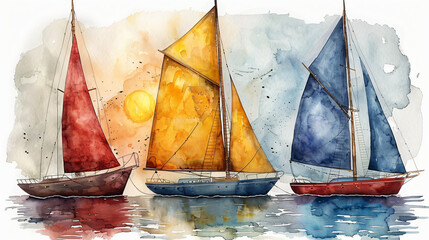 collection sailboat watercolor drawing on a white