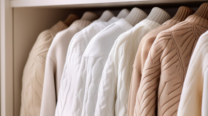 Assortment of cozy knit sweaters in neutral tones hangs on hangers in closet