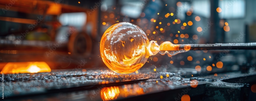 Wall mural craftsman demonstrating glass blowing in studio: skillful artisan turning a breath of air into molte