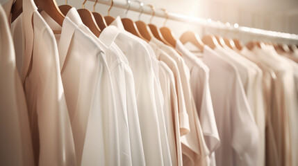 Assortment of shirts and blouses in neutral tones hangs on hangers in closet
