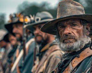 Obraz premium Stepping Back in Time: Historical Reenactment of a Civil War Battlefield - Actors Portraying Soldiers in Period Costume and Armed with Muskets