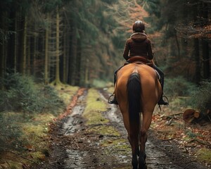 Horseback Riding Through a Forest Trail - Young Woman and Her Stallion Embracing the Beauty of the Outdoors