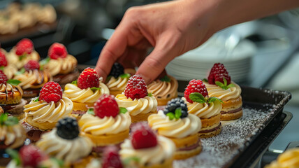 A hand decorating pastries with berries