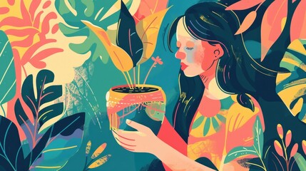 Girl with Potted Tropical Flowers in Illustrated Setting, To provide a beautiful and captivating illustration of a girl with a potted plant, suitable
