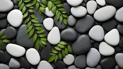 Let your mind wander through a landscape of intricate patterns and textures, as black and white stones intertwine with delicate green leaves, creating a visually diverse and captivating background. - Powered by Adobe