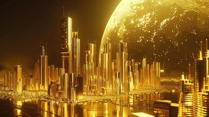Golden Futuristic City in Space, To provide a visually engaging and innovative representation of a futuristic city that can be used for a variety of