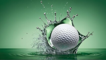 Golf ball and water splash on a green background