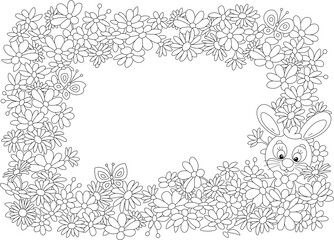 Greeting card and holiday frame border with a happy Easter bunny, spring flowers and merry butterflies fluttering around, black and white outline vector cartoon illustration for a coloring book