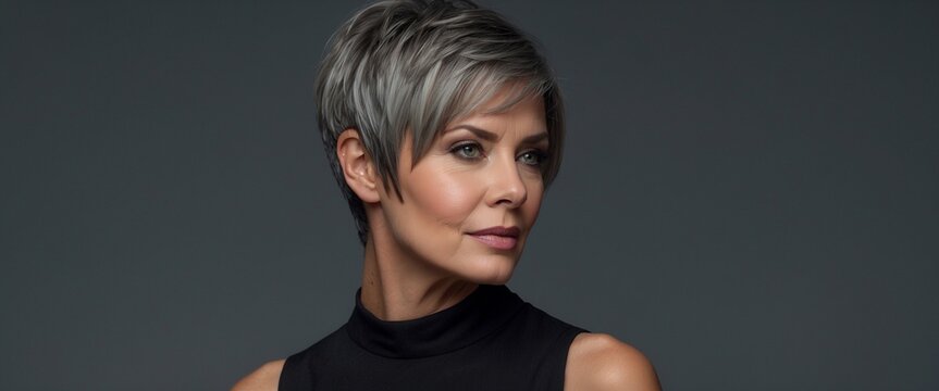 Portrait of an attractive middle-aged woman with a stylish short haircut. Grey hair. Graphite background. A slight smile and a confident look. The concept of beauty, beautiful aging, self-care.