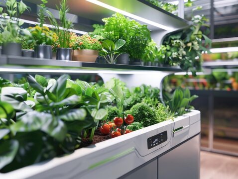 High-Tech Greenhouse with Lush Plants and Vegetables, To showcase the innovative and sustainable possibilities of high-tech greenhouses and urban