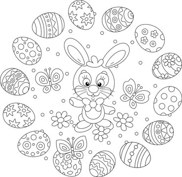 Greeting card with a happy Easter bunny and painted gift eggs with merrily flying butterflies, black and white outline vector cartoon illustration for a coloring book