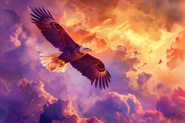 Majestic Eagle Soaring Above Clouds at Sunset