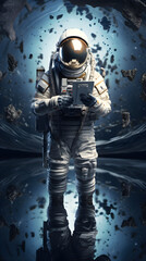 Fototapeta na wymiar Intergalactic Navigator: An Astronaut Mapping His Cosmic Journey in the Depth of Space