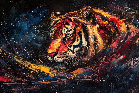 Cosmic Tiger Splashed with Vibrant Paint