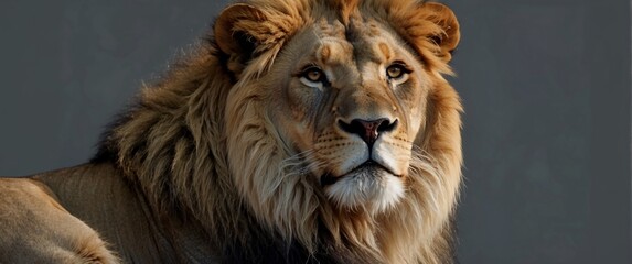 A gorgeous lion on a gray background. Portrait of an animal. A mammal. A big wild safari cat.
