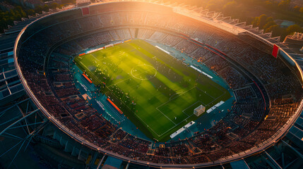 An urban design soccer stadium surrounded by lush green grass, set against a backdrop of water...