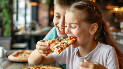 With genuine delight, the kids eagerly savor their pizza, their enthusiasm adding to the lively ambiance of the pizza place.