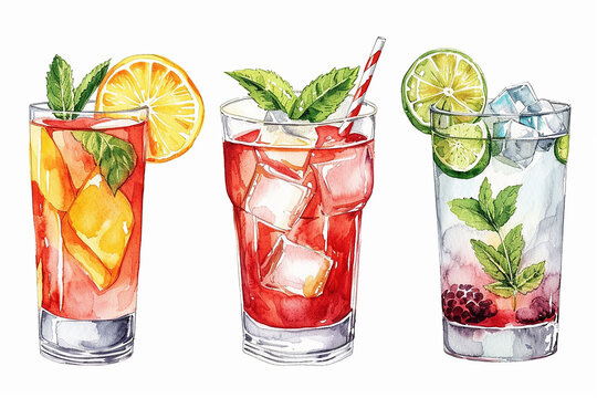 Set oil painting watercolor fresh natural cocktails for summer season vector illustration on isolated white background