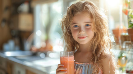 Girl holding a glass of juice.