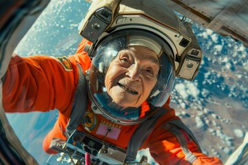 elderly woman in a space suit flying 
 - obrazy, fototapety, plakaty