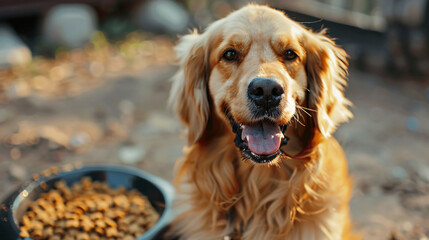 Cute happy dog enjoys dry food cheerful dog