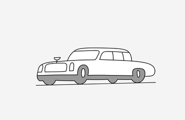 Doodle limousine car. Outline vector drawing