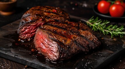 Grill Masterpiece - Two succulent pieces of roast beef, expertly grilled to perfection, showcased from a side angle. Crispy skin and fresh color pop