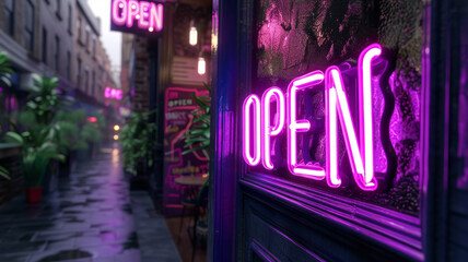 Photo of a neon "OPEN" sign on a rainy evening