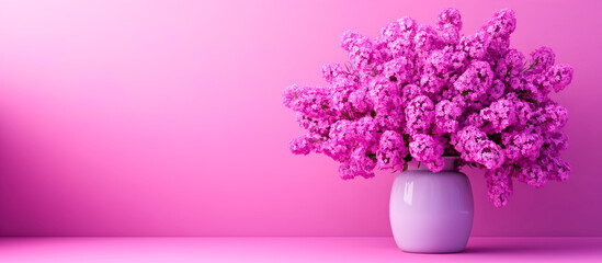 Floral composition featuring a stunning bouquet of pink lilacs in a sleek vase in home. Spring blossom lilac.