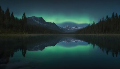 Fototapeta premium A Hyper Realistic Image Of A Crystal Clear Lake Mirroring A Sky Full Of Auroras In A Pristine 8k Forest Setting At Midnight