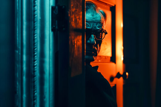 A villainous baddie plotting their next nefarious scheme behind closed doors Close up