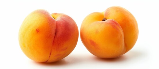 Naklejka na ściany i meble Fresh ripe peaches on clean white background surface, healthy organic fruits concept