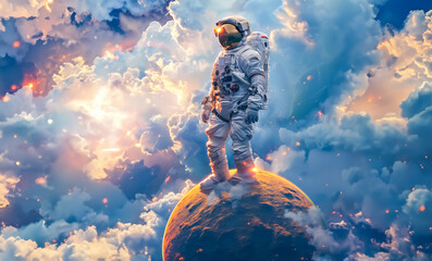 Astronaut Standing on Celestial Body Overlooking Cloudy Sky. International Day of Human Space Flight - obrazy, fototapety, plakaty