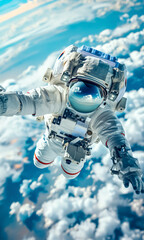 Floating Astronaut in Cosmic Space with clouds. International Day of Human Space Flight - obrazy, fototapety, plakaty