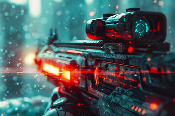 Capture the essence of a futuristic shooter game in a digital art piece Close up