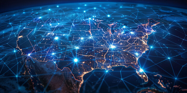An Abstract Map Showing America and USA Communications and Digital Connectivity: Cyber Technology and Information Exchange