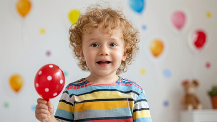 A young curly-haired boy smiling with a balloon