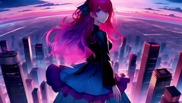 Anime Girl with pink flowing hair admires the sunrise on top of skyscraper