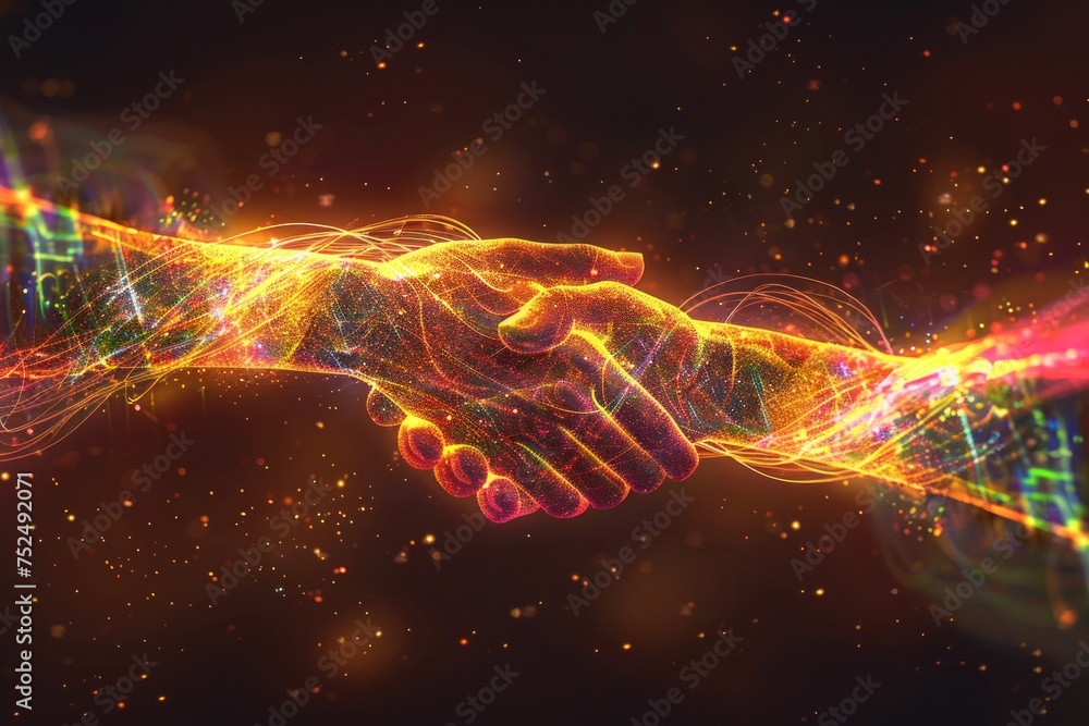 Poster a digital representation of a handshake with glowing neon lines and particles.